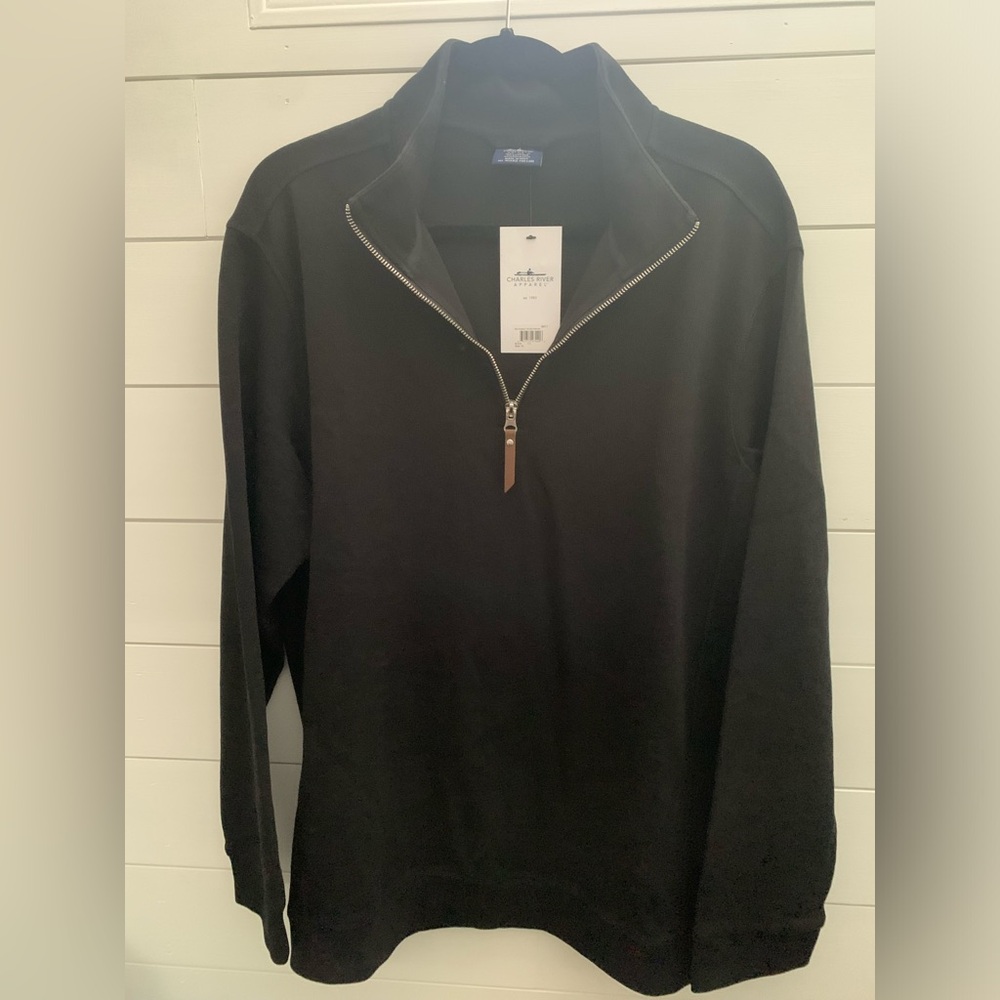 Charles River XLarge, black 1/4 zip with brown leather pull.